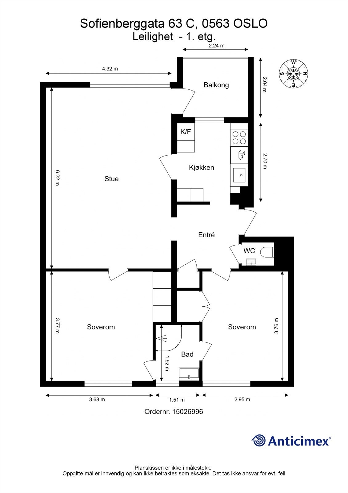 Målsatt planskisse - Sofienberggata 63 C - høy 1. etasje Galleribilde