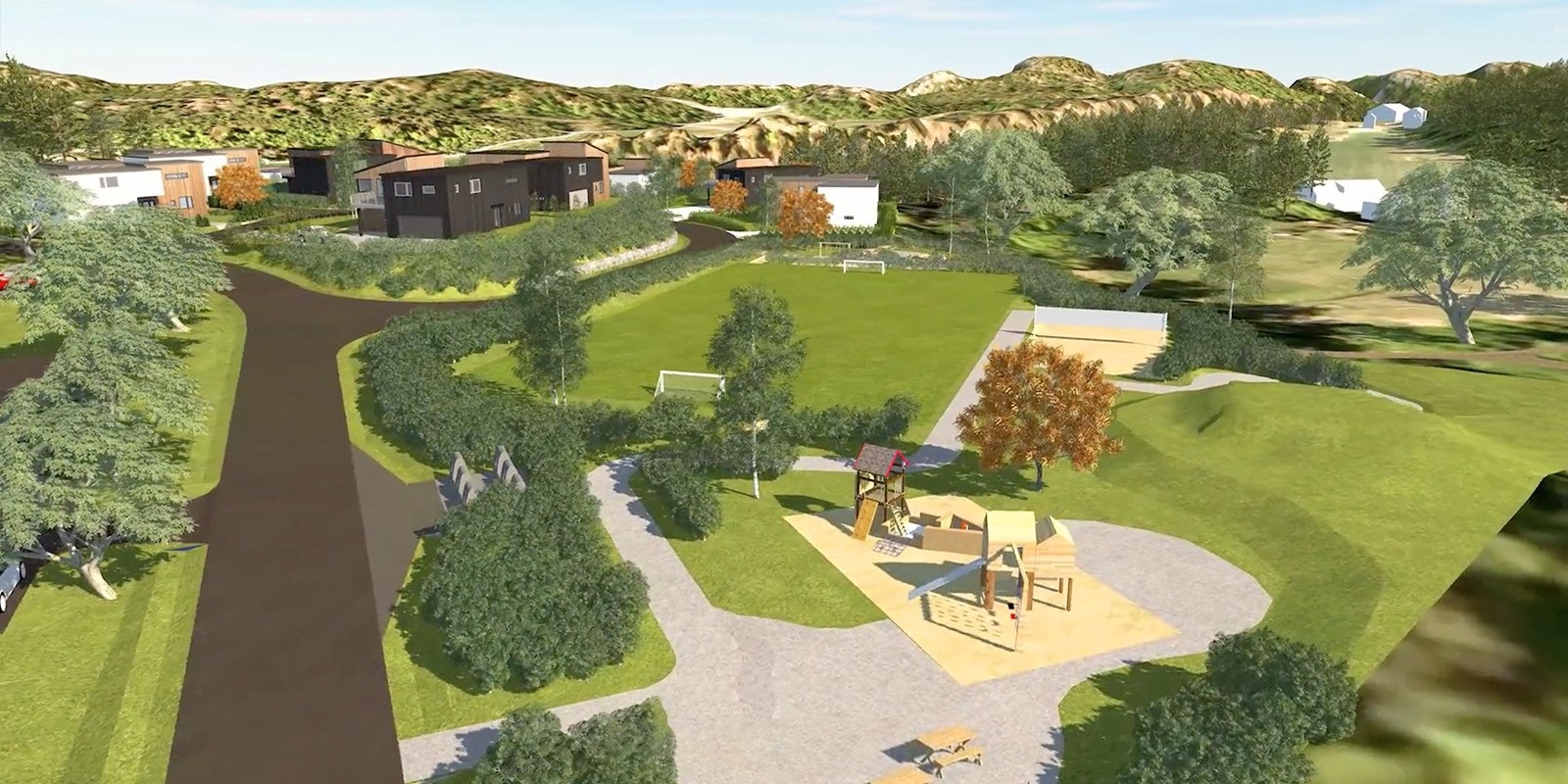 Mellom Strandfjorden og Stølevarden skal det bygges et stort felles lekeområde med blant annet lekeplasser og ball-løkke. Galleribilde