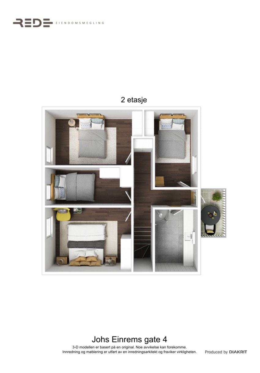 Planløsning over loftsetasjen med forslag til møblering. Galleribilde