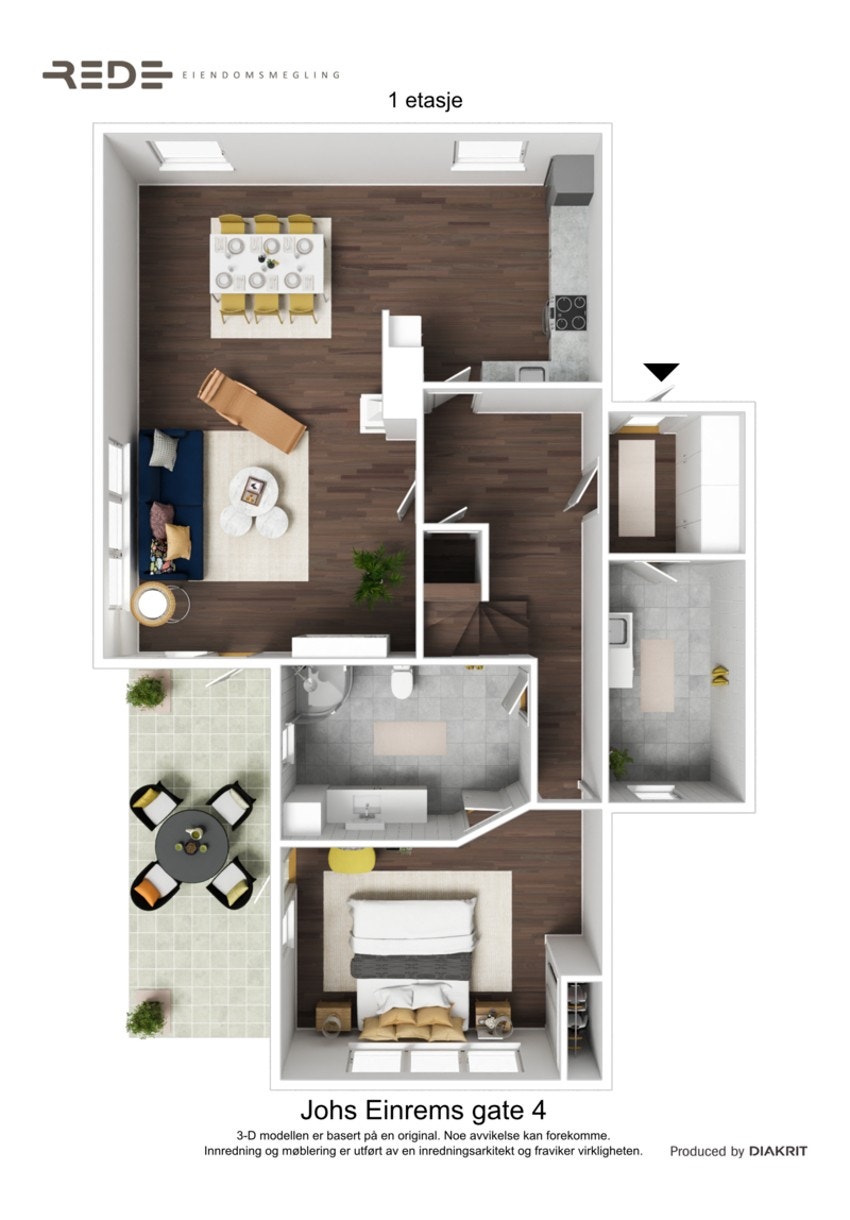 Planløsning over hovedetasjen med forslag til møblering. Galleribilde
