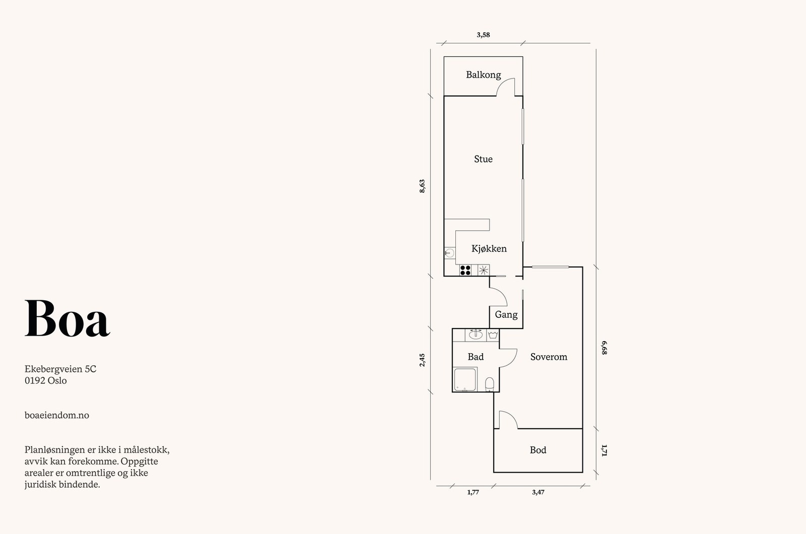 2. etasje: Gang, bad, stue/kjøkken, soverom og bod/garderobe. Balkong. Galleribilde
