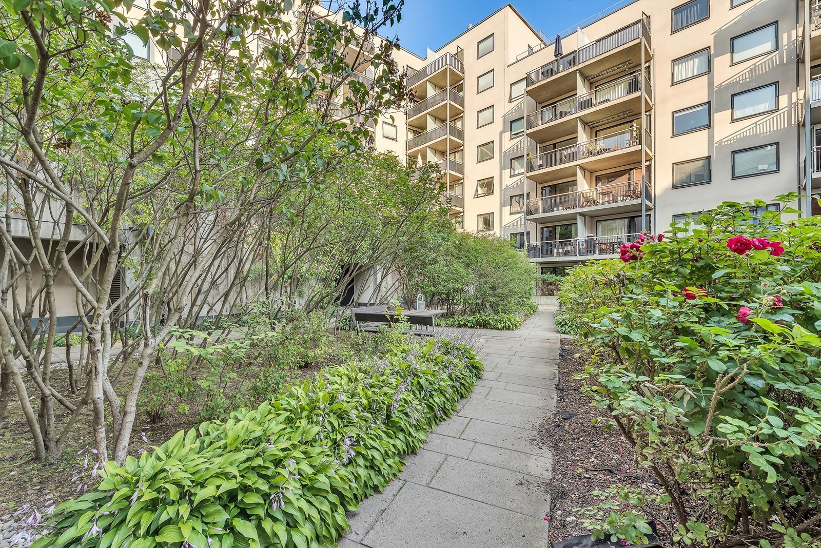 Pen og barnevennlig bakgård med lekestativ, sittegrupper og prydbusker Galleribilde