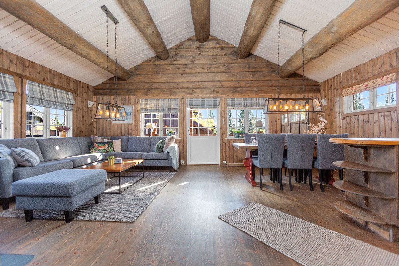 Pen og romslig stue med god takhøyde og synlige takåser Galleribilde