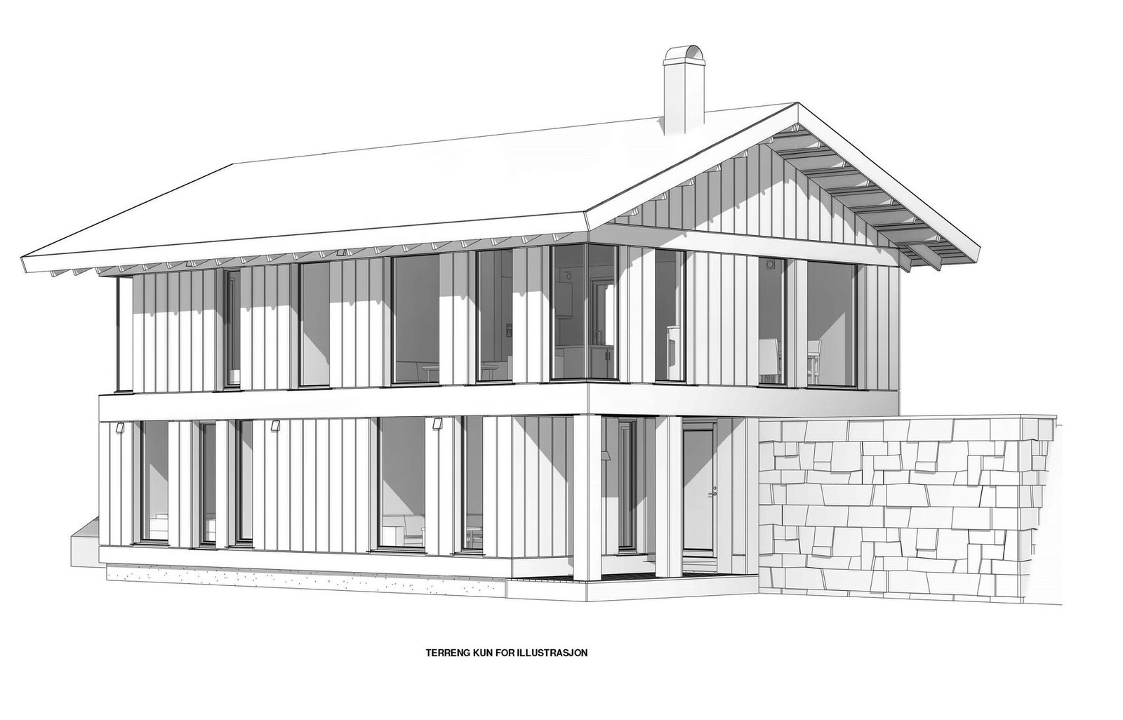 Fasade 3. Natursteinsmur med skigard på toppen opparbeides. Galleribilde