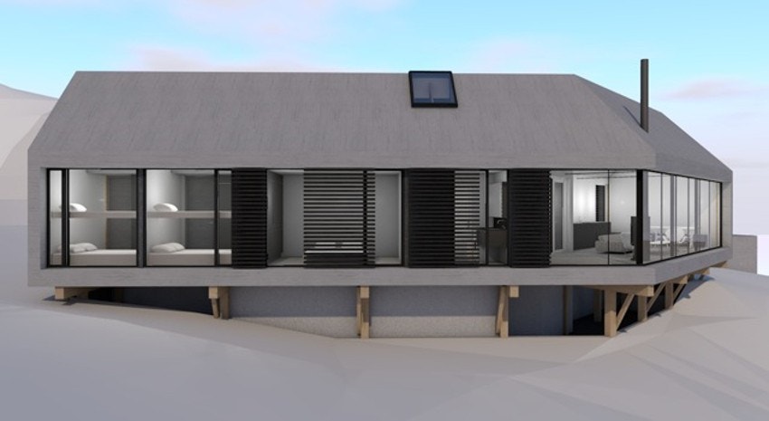 Dette bildet er en illustrasjon av de arkitekttegnede hyttene. Galleribilde