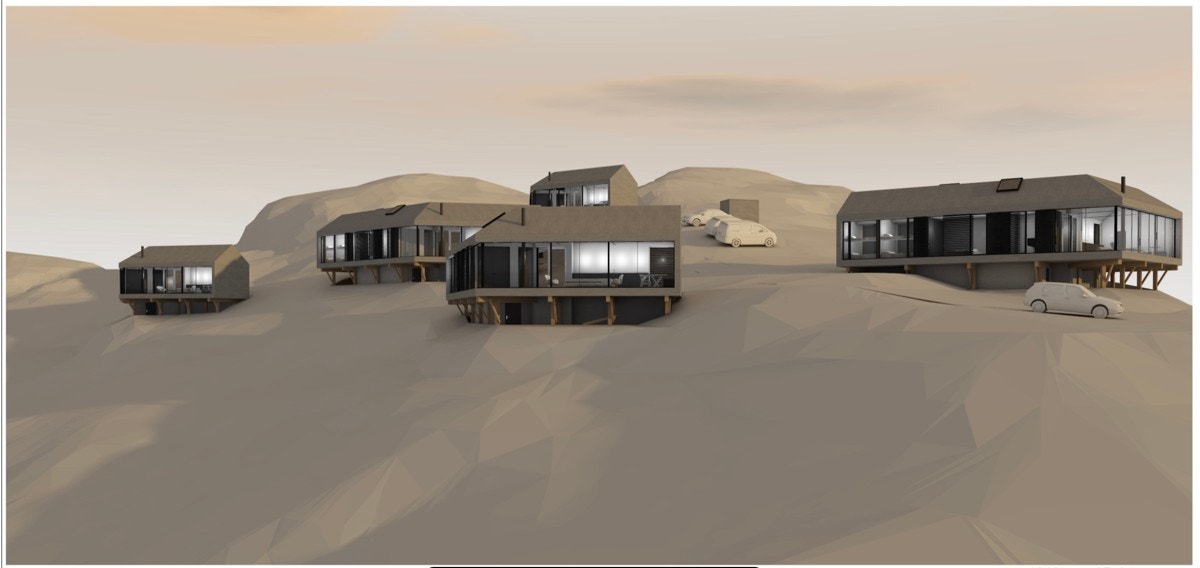 Dette bildet er en illustrasjon av de arkitekttegnede hyttene. Galleribilde