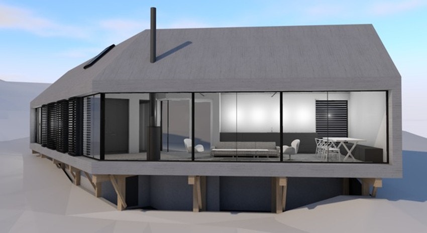 Dette bildet er en illustrasjon av de arkitekttegnede hyttene. Galleribilde