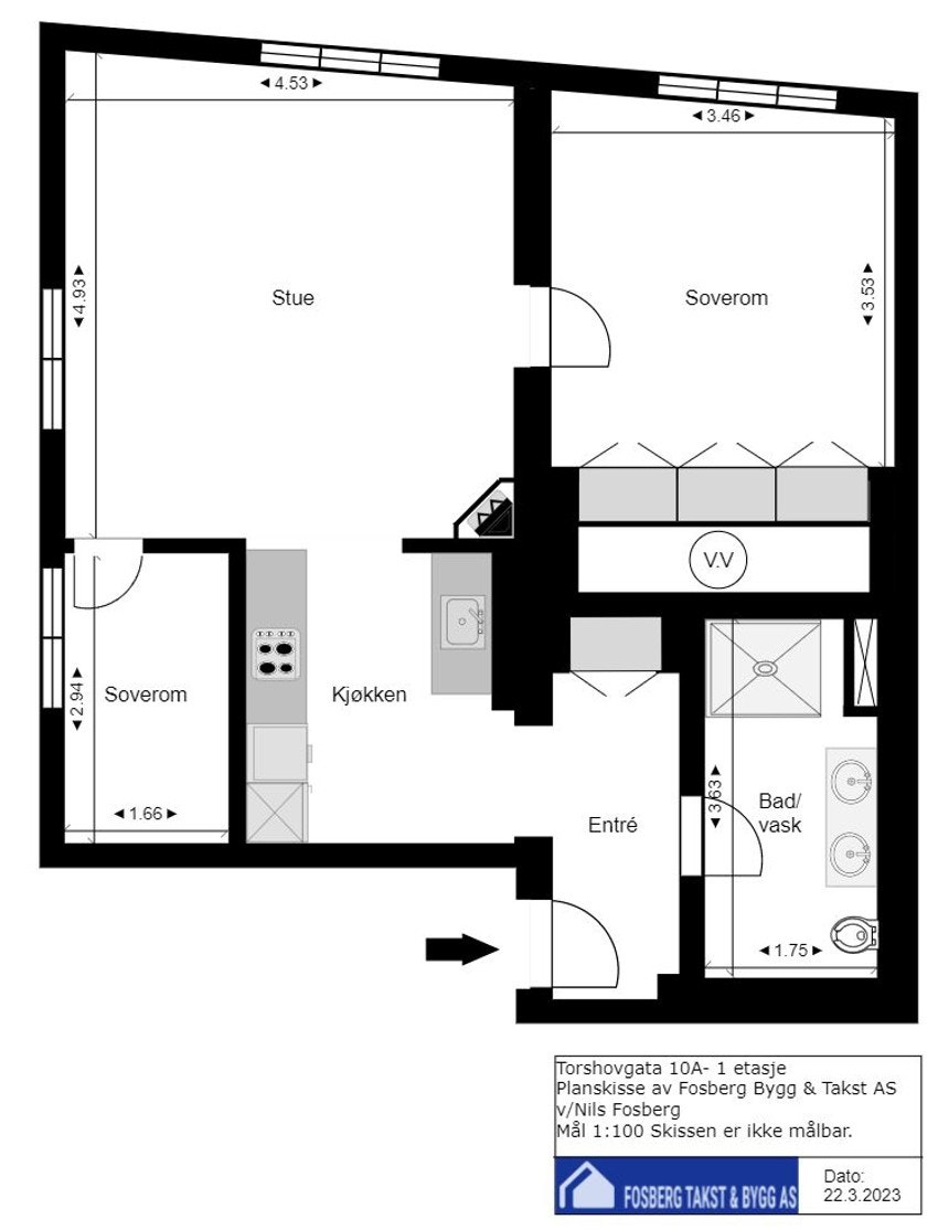 Plantegning. Hele leiligheten er pusset opp i 2023. Vinduer byttet i 2017. Galleribilde
