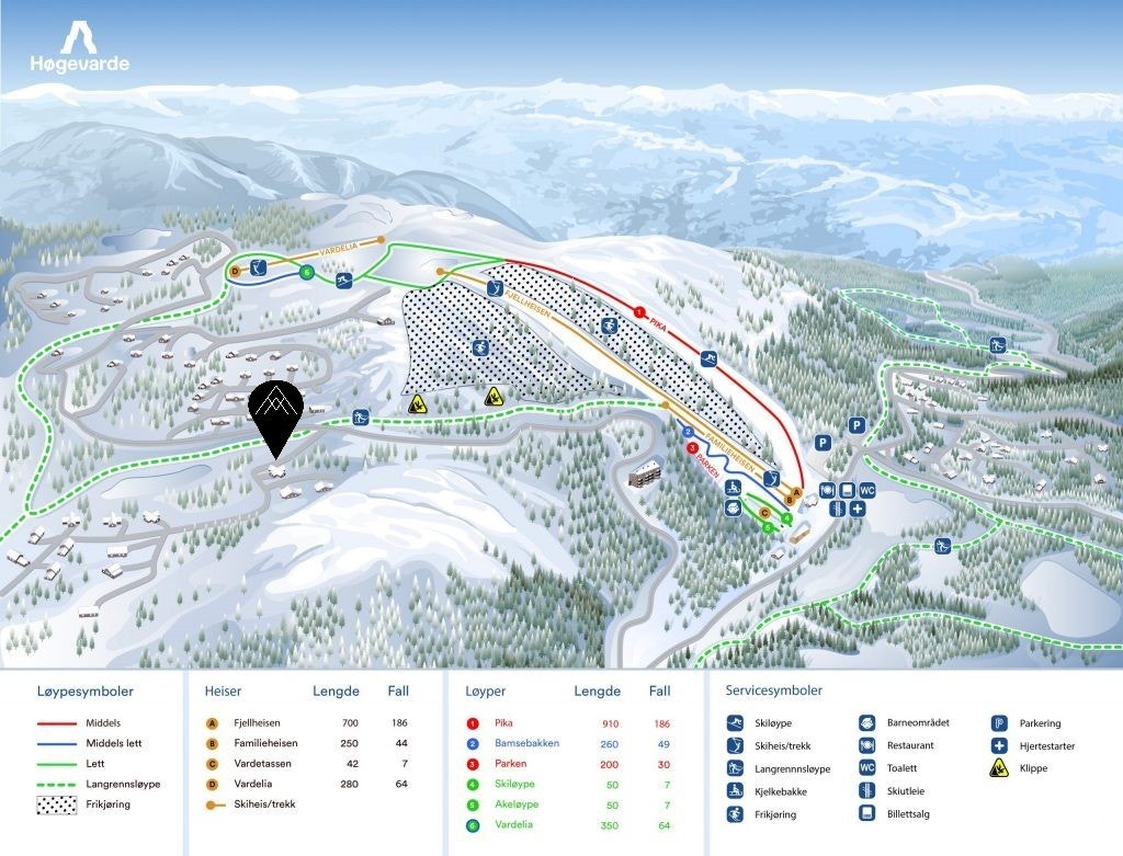Hytta ligger sentralt plassert i forhold til alpinanlegget. Galleribilde