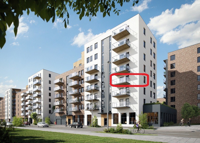 Fasade Hus G4. Leilighet G4-407 markert i rødt. Kun ment som illustrasjon. Galleribilde