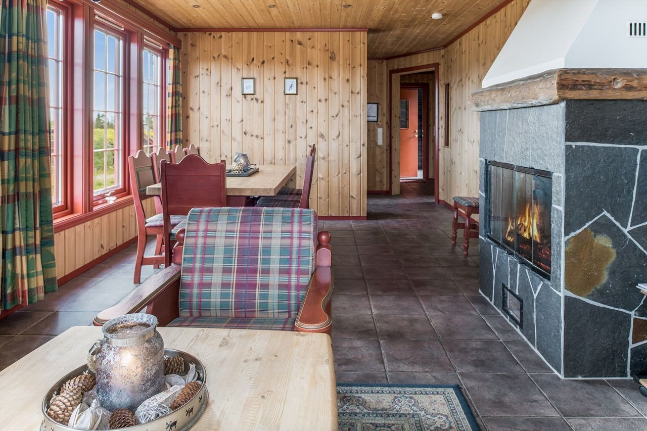 Koselig stue med utsikt og peis Galleribilde