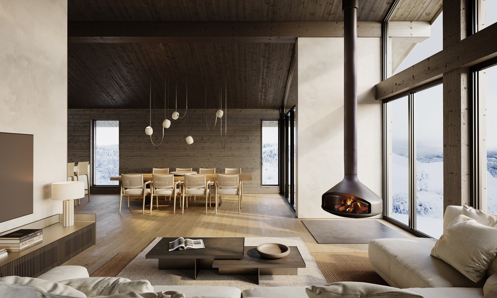 Legg merke til takhøyden på over 4 meter i tillegg til vinduene og peisen. Illustrasjon stue. Galleribilde