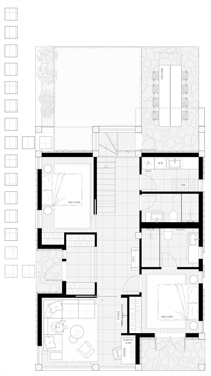 Plantegning 1. etasje. Merk at det er gjort endring på bad og vaskerom i tilvalgsperioden. Se vedlegg i prospekt. Galleribilde