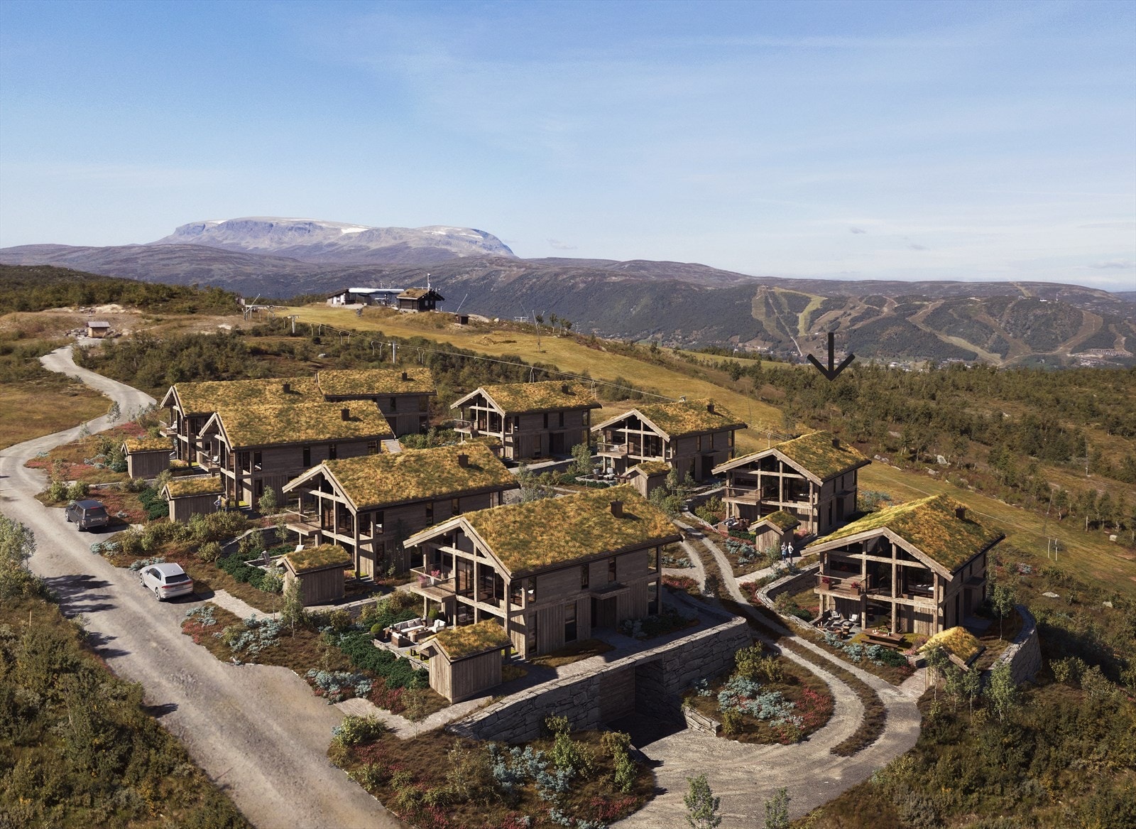 Se pil for markering av Chalet 4. Illustrasjon før bygging. Galleribilde