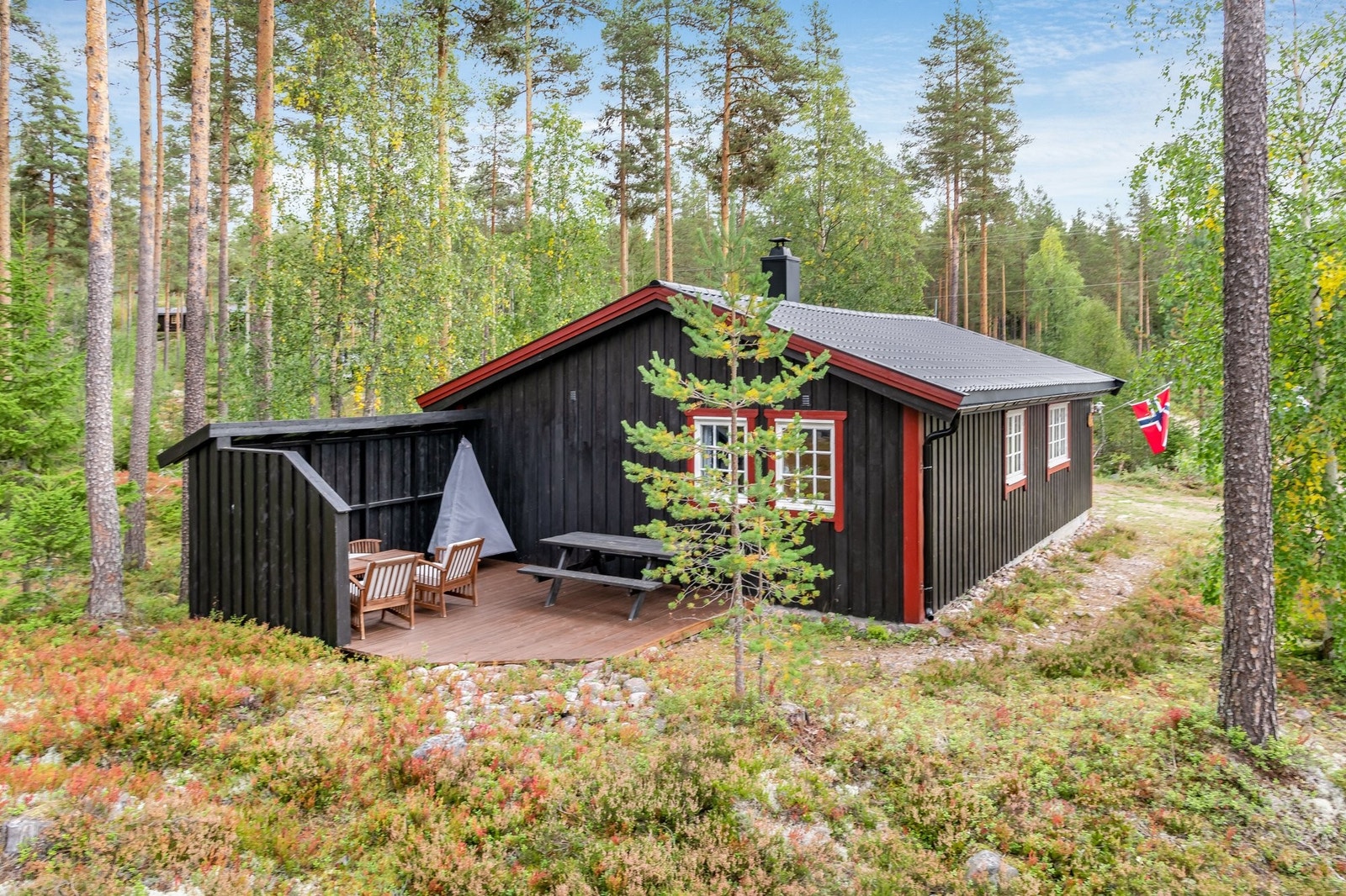 Hytta ligger flott plassert i et veletablert
hyttefelt i åpent skogsterreng. Galleribilde