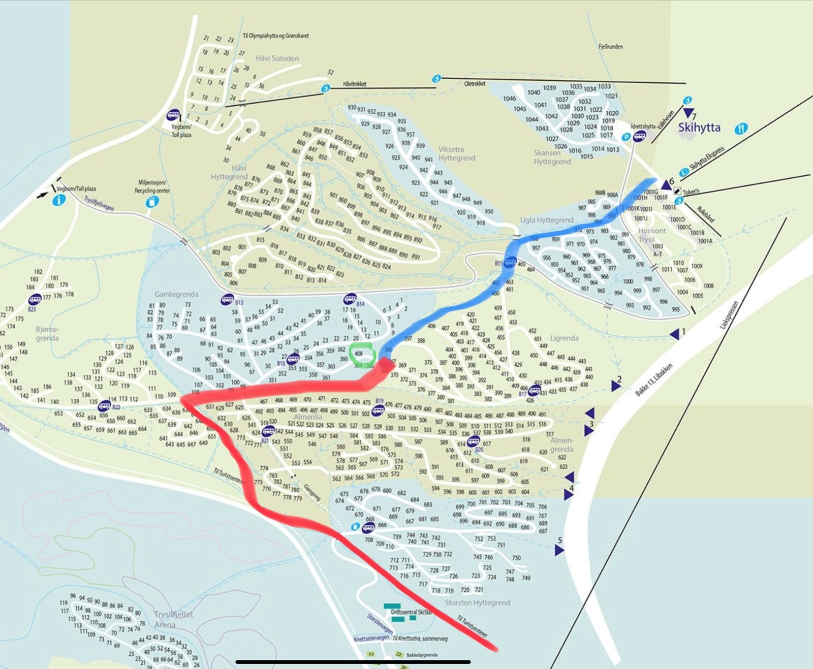 Kartet viser ski inn/ ut fra hytta. Galleribilde