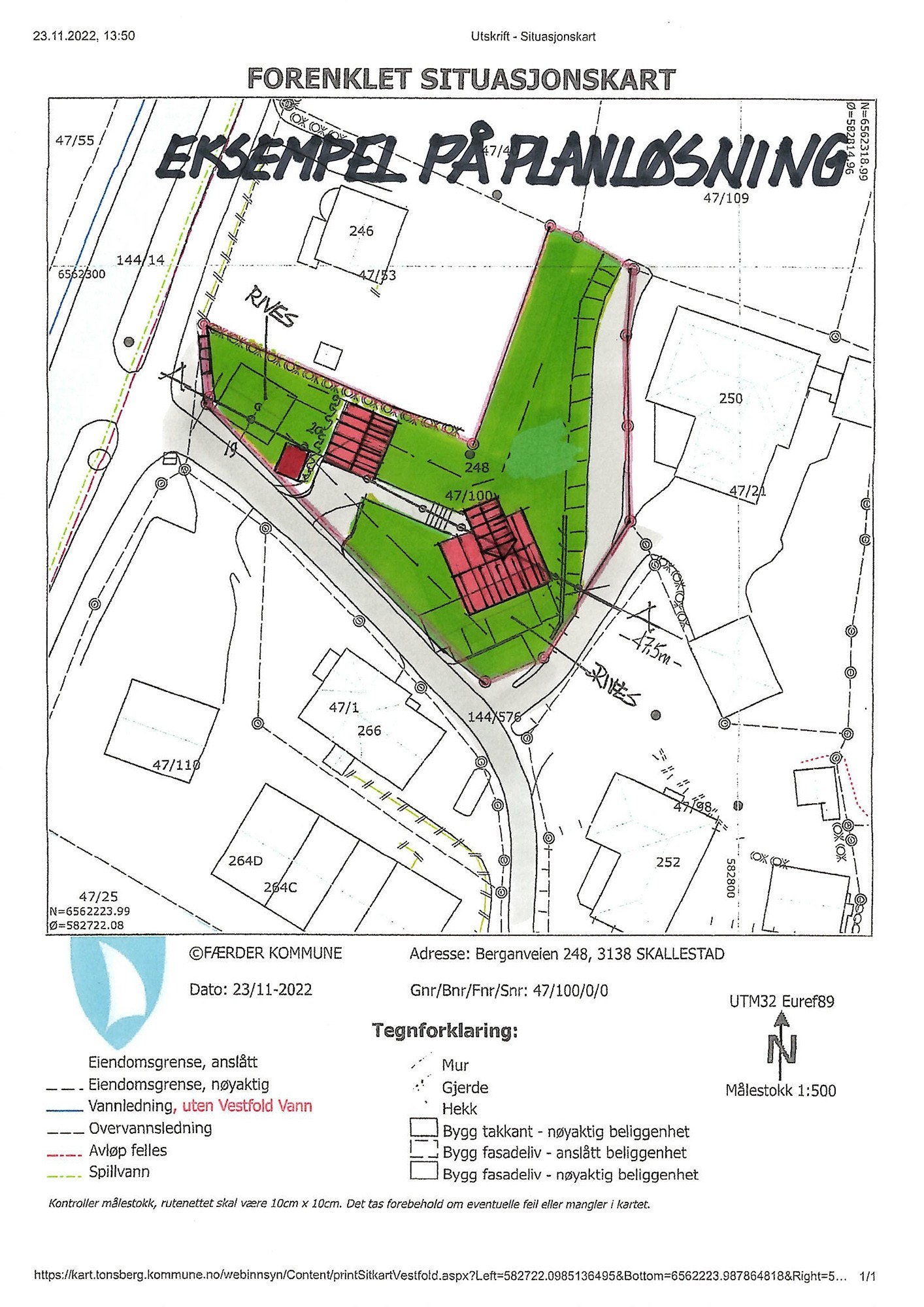 Situasjonskart, eksempel på plassering av bolig og garasje Galleribilde