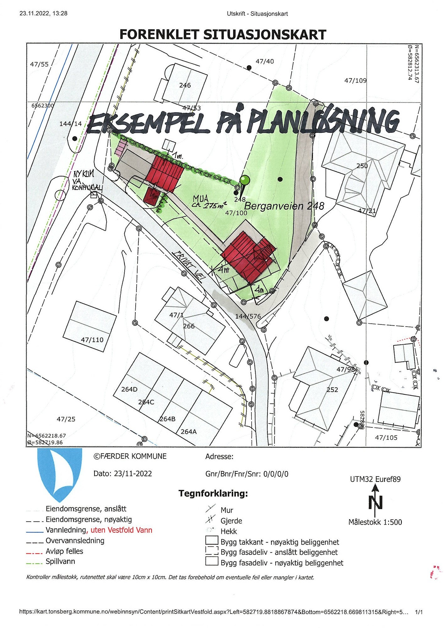 Situasjonskart, eksempel på mulig plassering av bolig og garasje.
Adkomstvei inn til tomten er en blindhvei opp til noen få eneboliger.
Her finner du et godt bomiljø med både barn, unge og voksne naboer i et trivelig naboskap. Galleribilde