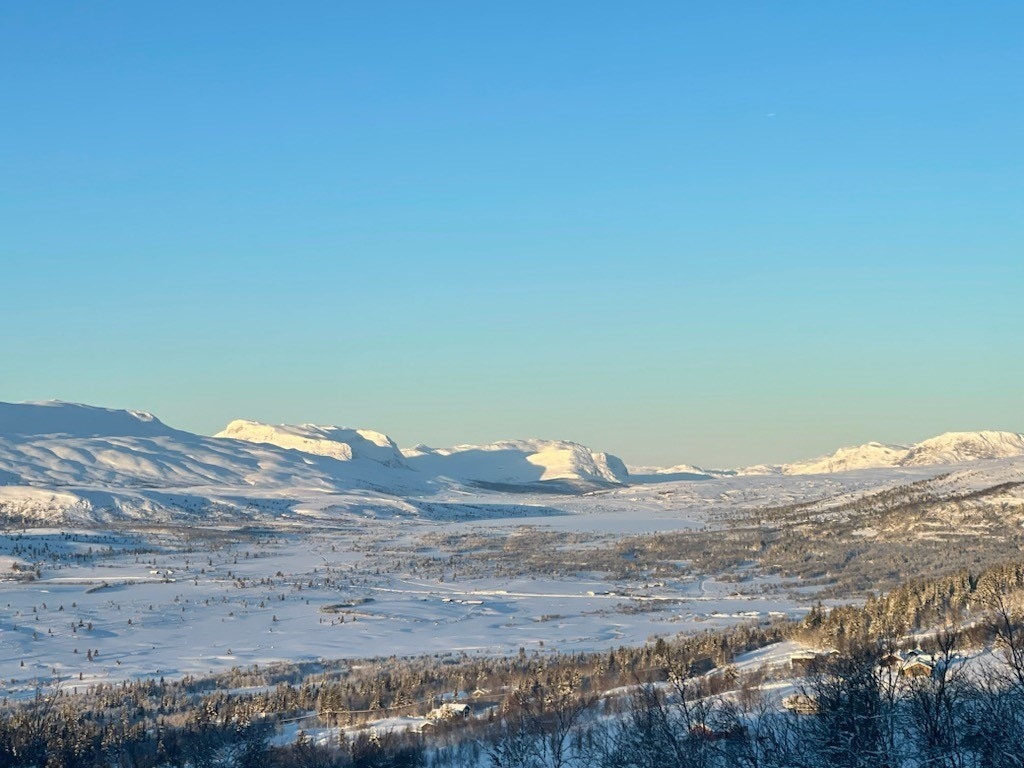 Oversiktsbilde fra tomteområdet mot fjellene rundt Galleribilde