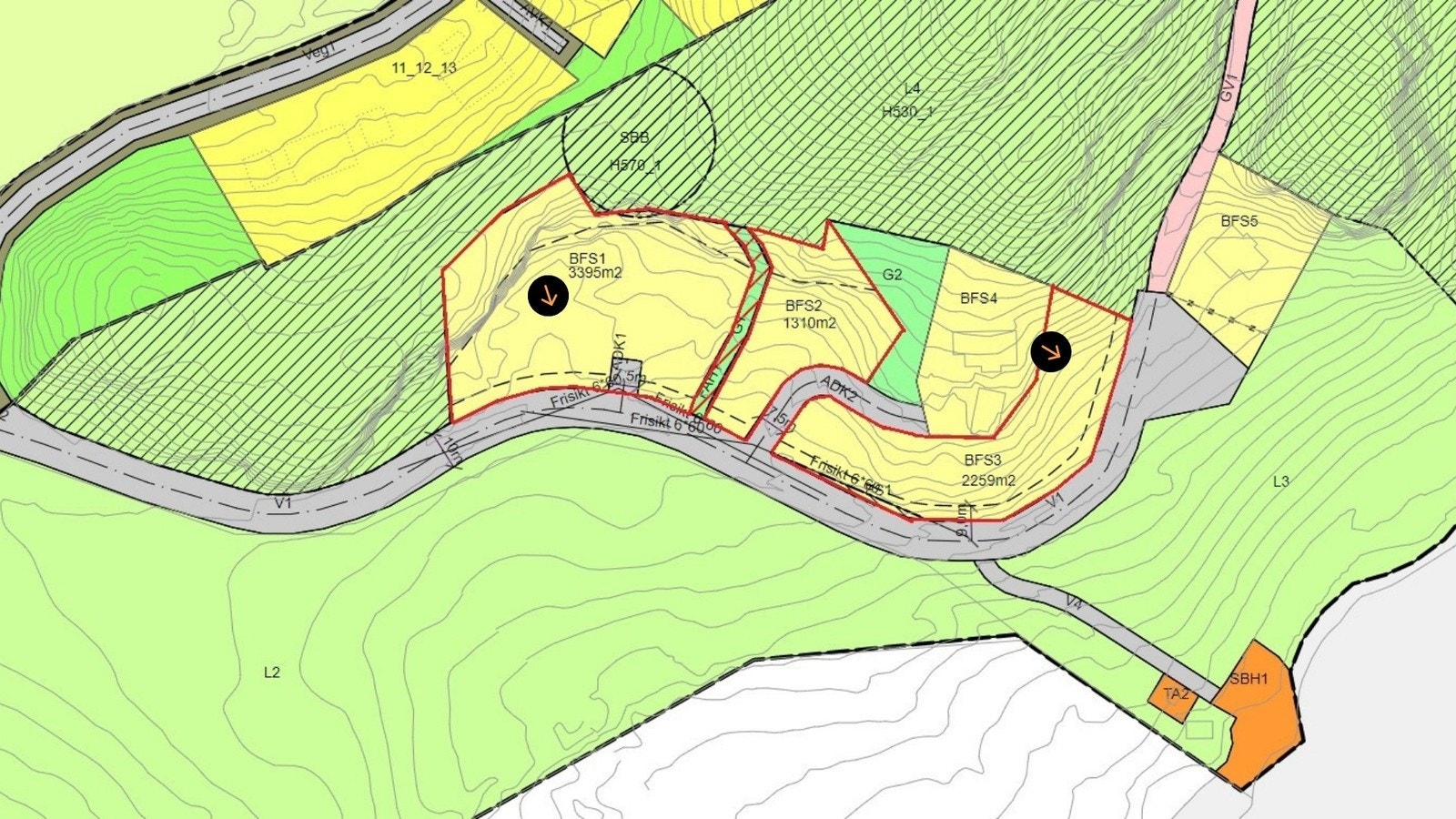 Foreløpig situasjonsplan. Til venstre i bildet er 4-mannsbolig plassert og til høyre tomannsbolig. Galleribilde