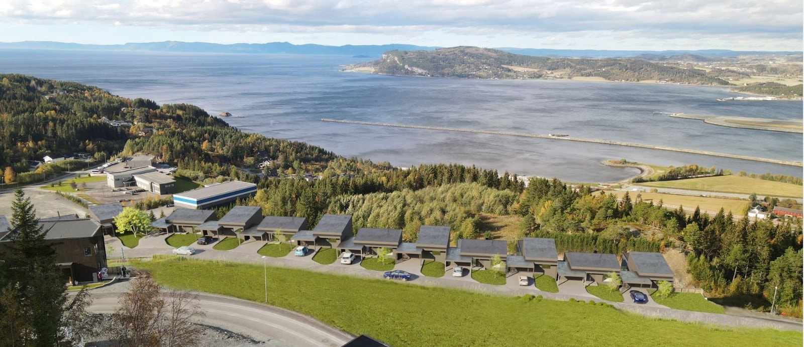 Alle tomtene har en fantastisk utsikt over Trondheimsfjorden retning Skatval og Fosenalpene. Boligfeltet har alle skårende tomter som sørger for fantastiskt utsikt på alle tomtene. Galleribilde