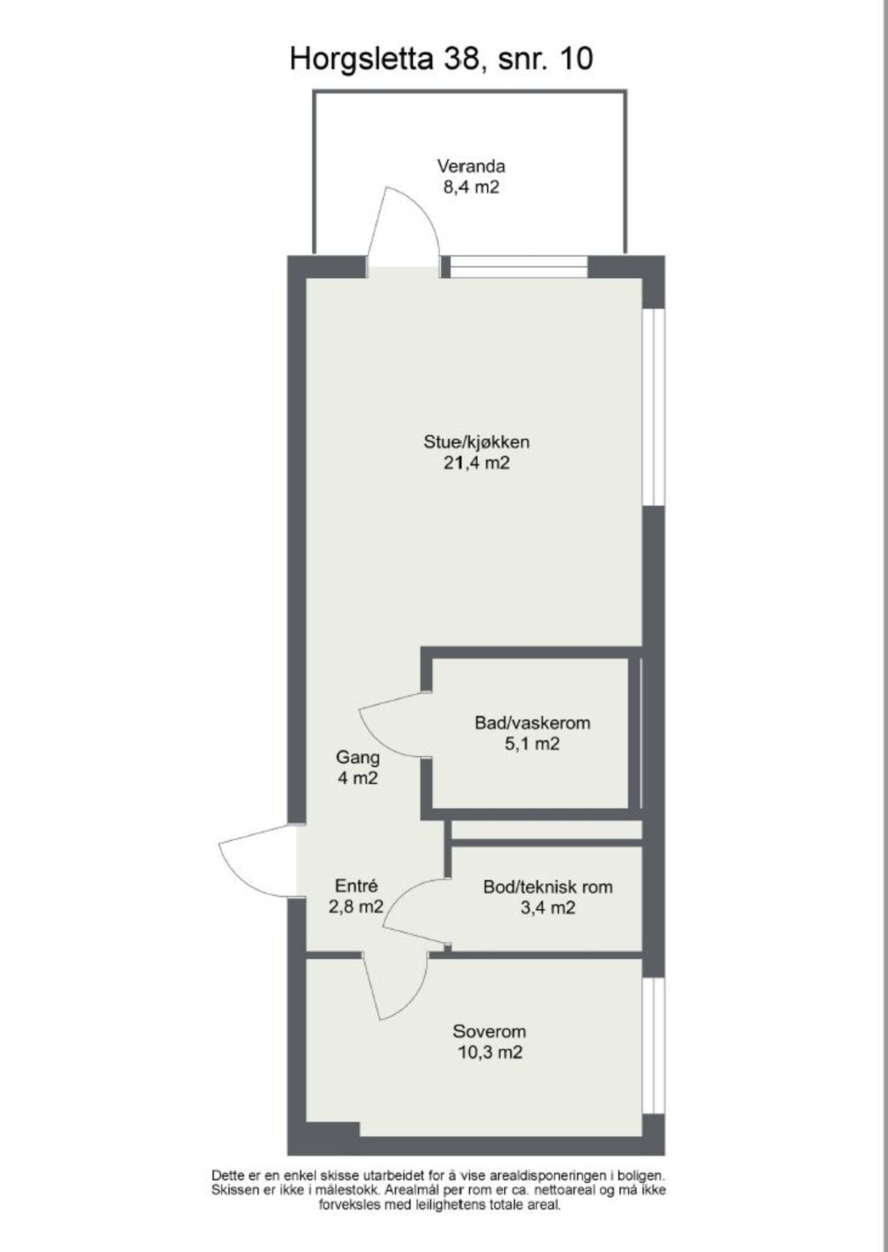 Planskisse. Med endebeliggenhet i bygget er leiligheten også en av få som har intern inngang, det vil si at man slipper ut på svalgangen for å komme seg inn og ut av bygget. Galleribilde
