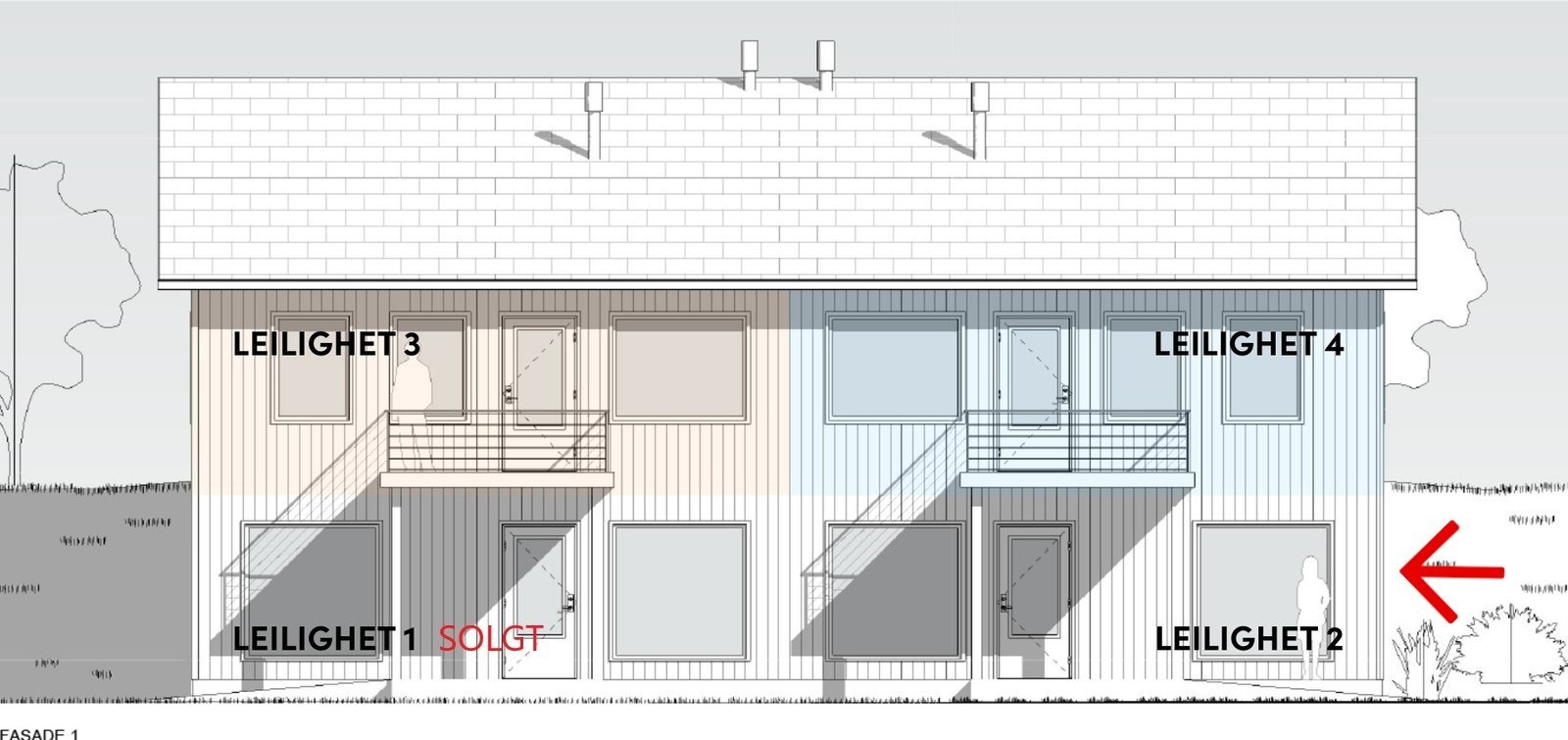 Leilighet 2 illustrert til høyre i 1. etasje. Galleribilde