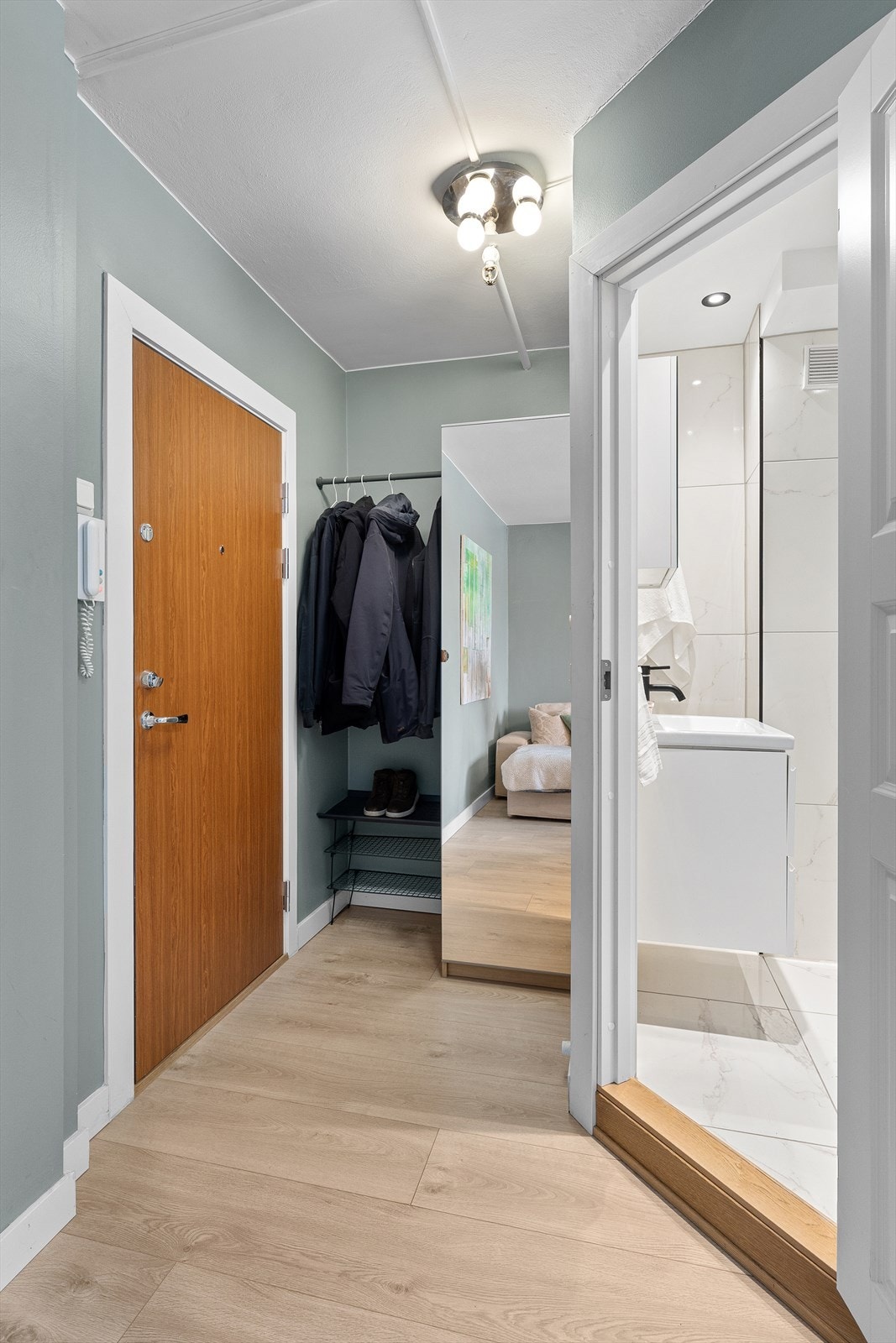 Entréen har plass til oppheng av yttertøy og oppbevaring av sko. Galleribilde