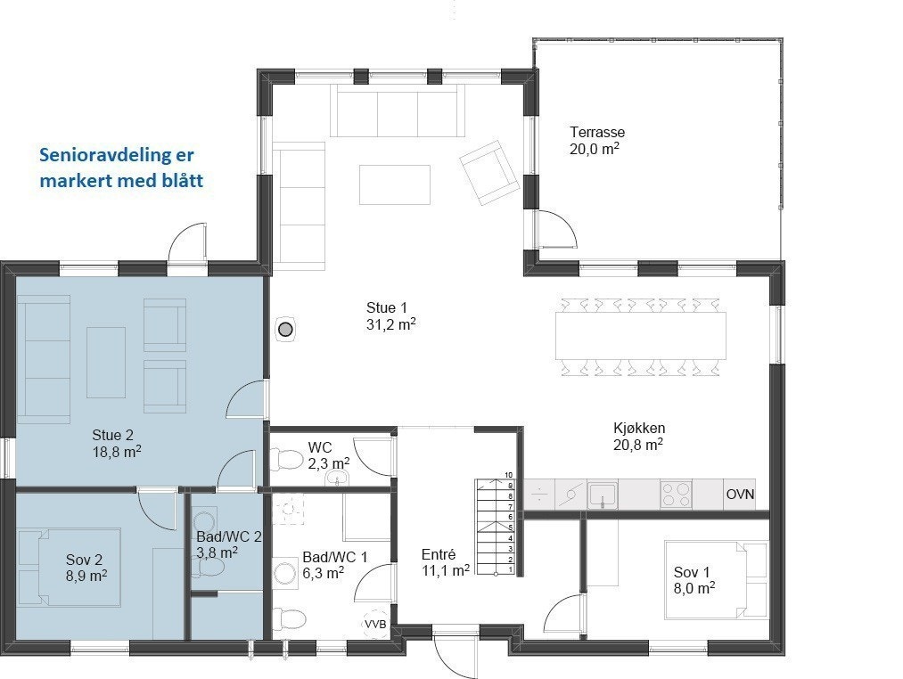 Grunnplan. Senioravdelingen er markert med blått. Galleribilde