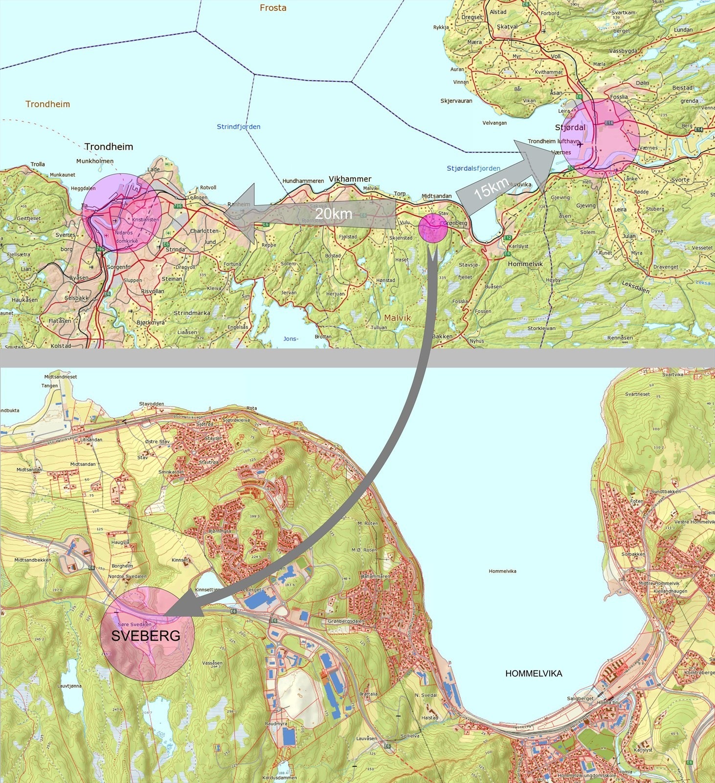 Sveberg ligger ca. xx min fra Trondheim og ca. yy min fra Stjørdal. Ny E6 skal ferdigstilles 2025 Galleribilde