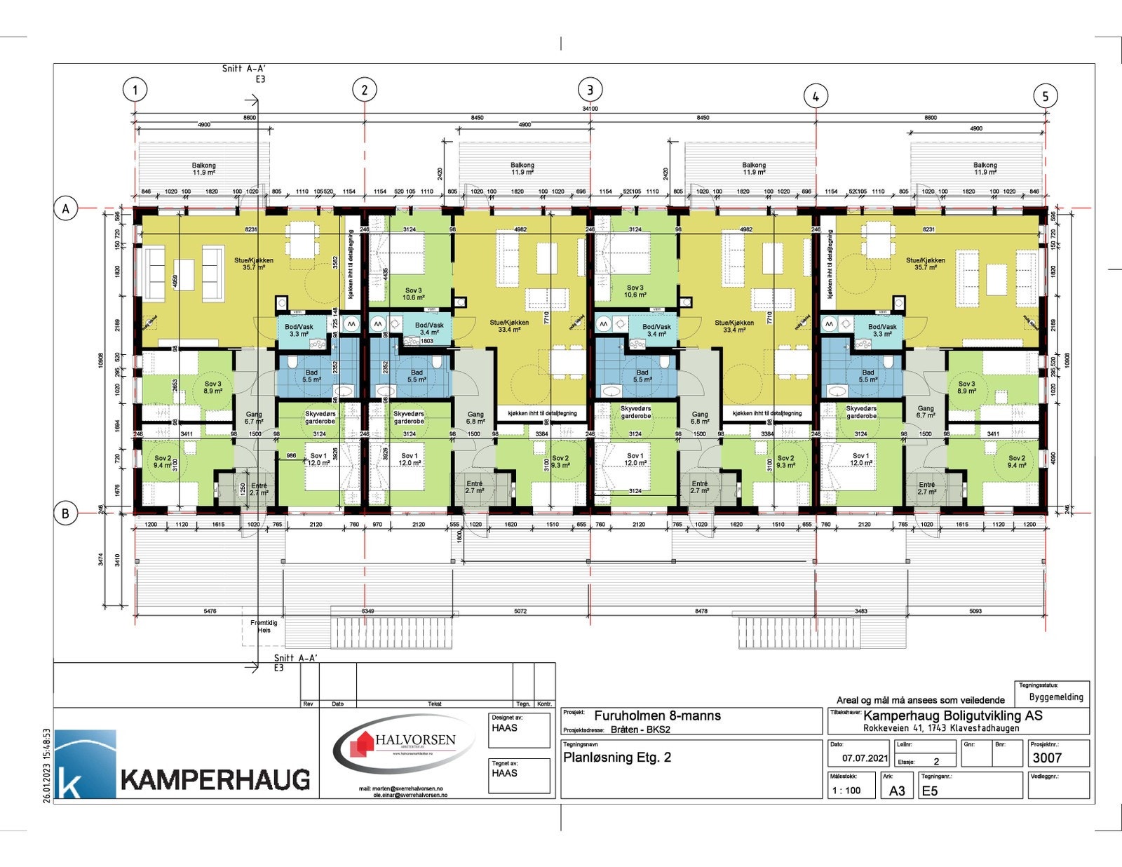 Planløsning 2. etasje leilighet 40-43 - mulighet for å fjerne vegg mellom stue og soverom 3 for større stue Galleribilde