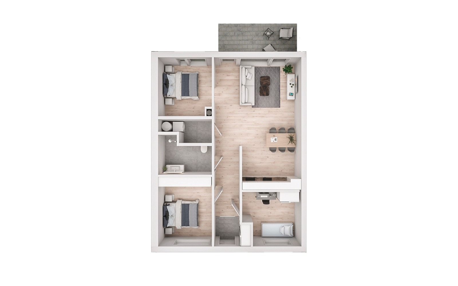 3D planløsning for midtleilighet Galleribilde