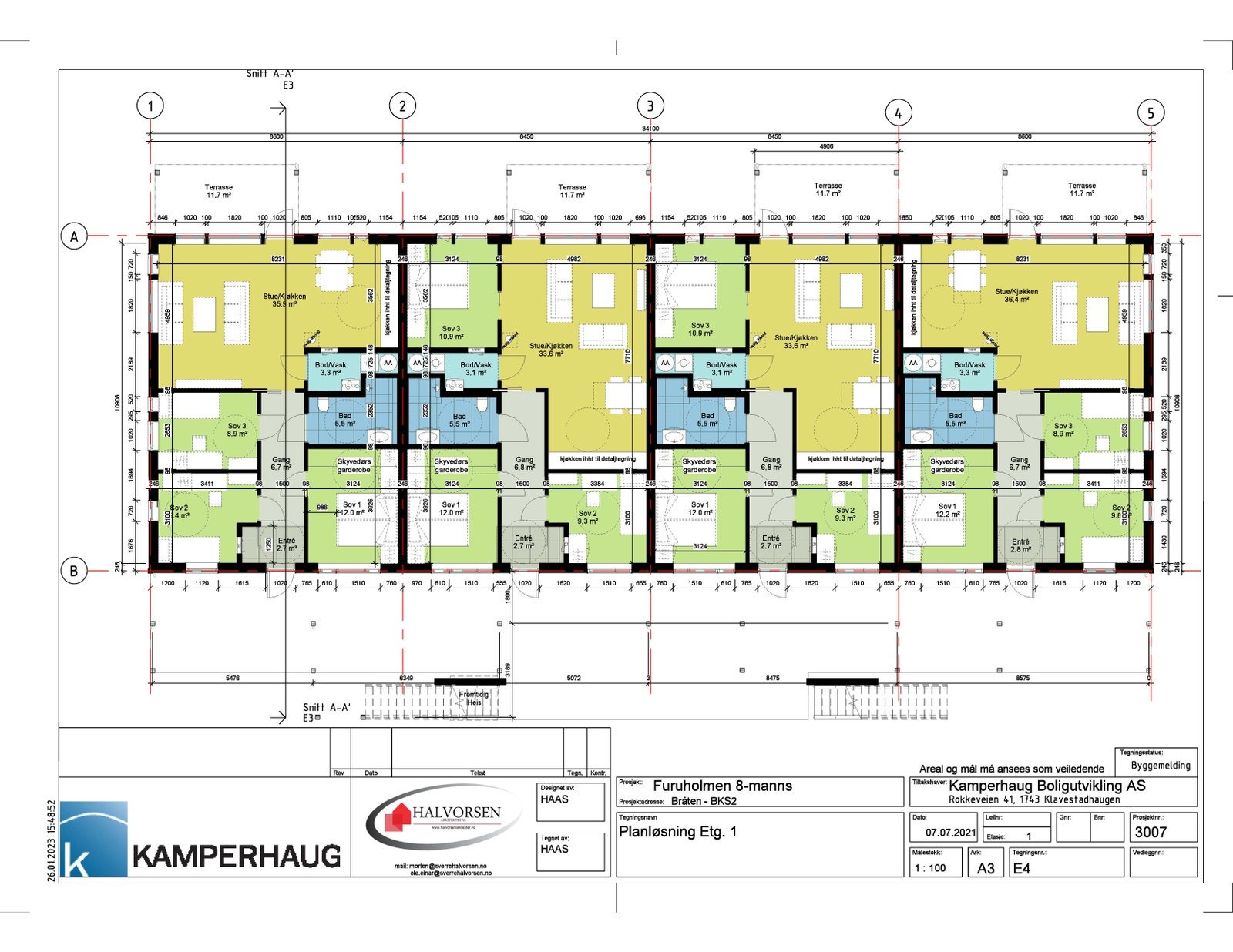 Planløsning 1. etasje leilighet 36-39 - mulighet for å fjerne vegg mellom stue og soverom 3 for større stue Galleribilde