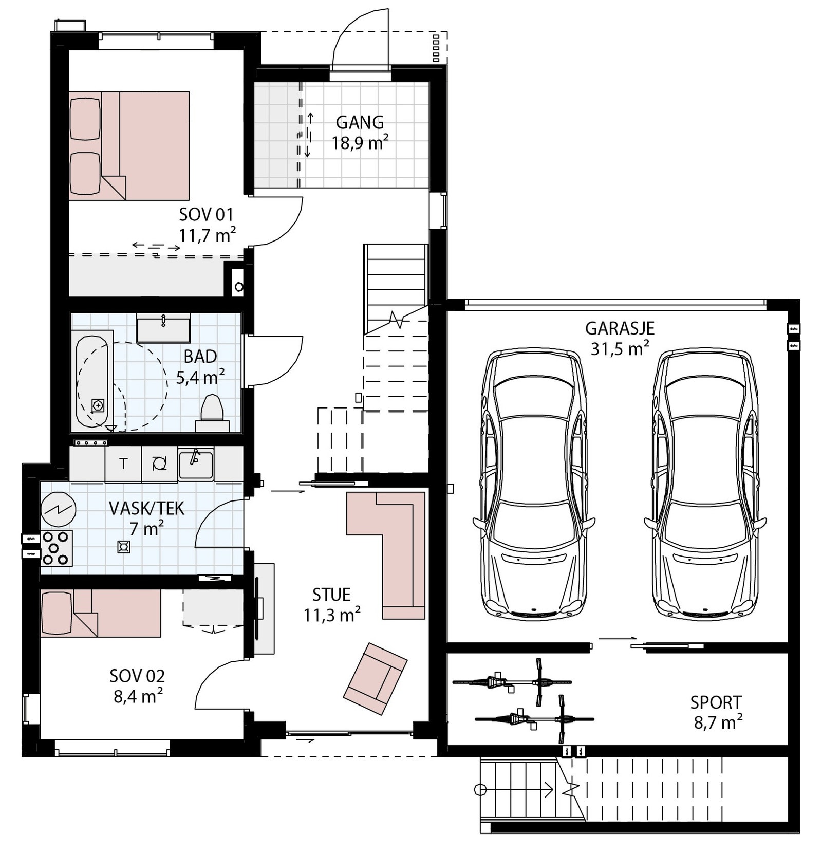 1.etg hustype D med dobbeltgarasje, 2 store soverom, bad, eget vaskerom og en ekstra tv-stue Galleribilde
