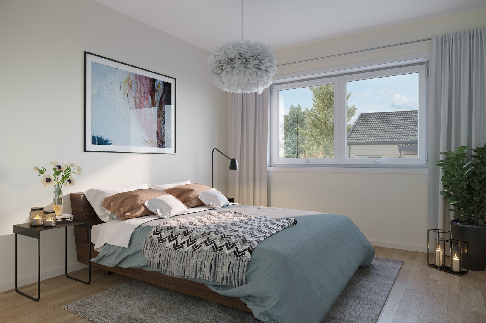 Interiørbilde fra soverom i rekkehusene. Galleribilde