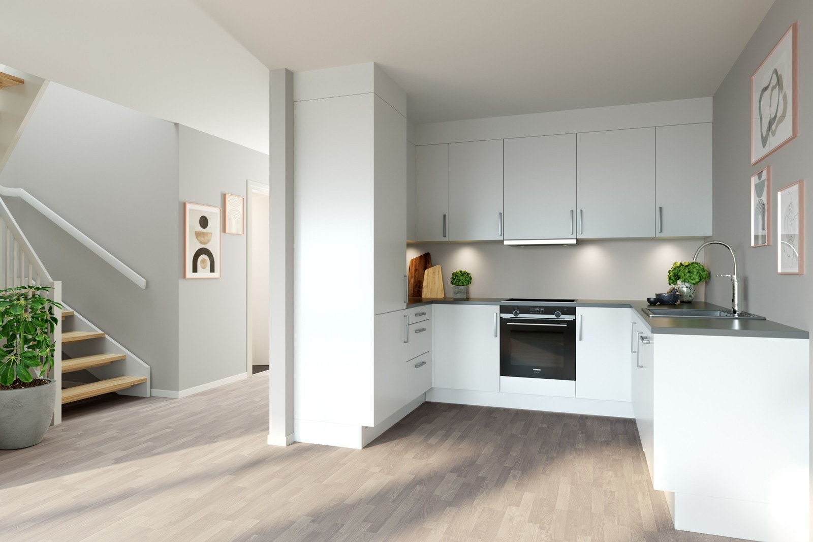 Interiørbilde fra kjøkken i rekkehusene. Galleribilde