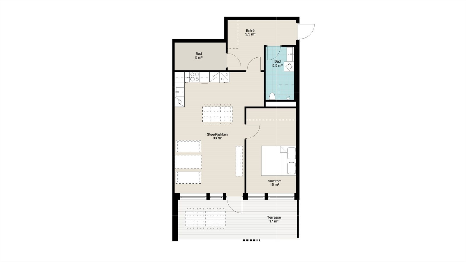 Planløsning. Kjøkkeninnredningen leveres med 2 ekstra moduler med underskap i tillegg til det planløsningen viser. Illustrasjon er vedlagt i salgsoppgaven. Galleribilde