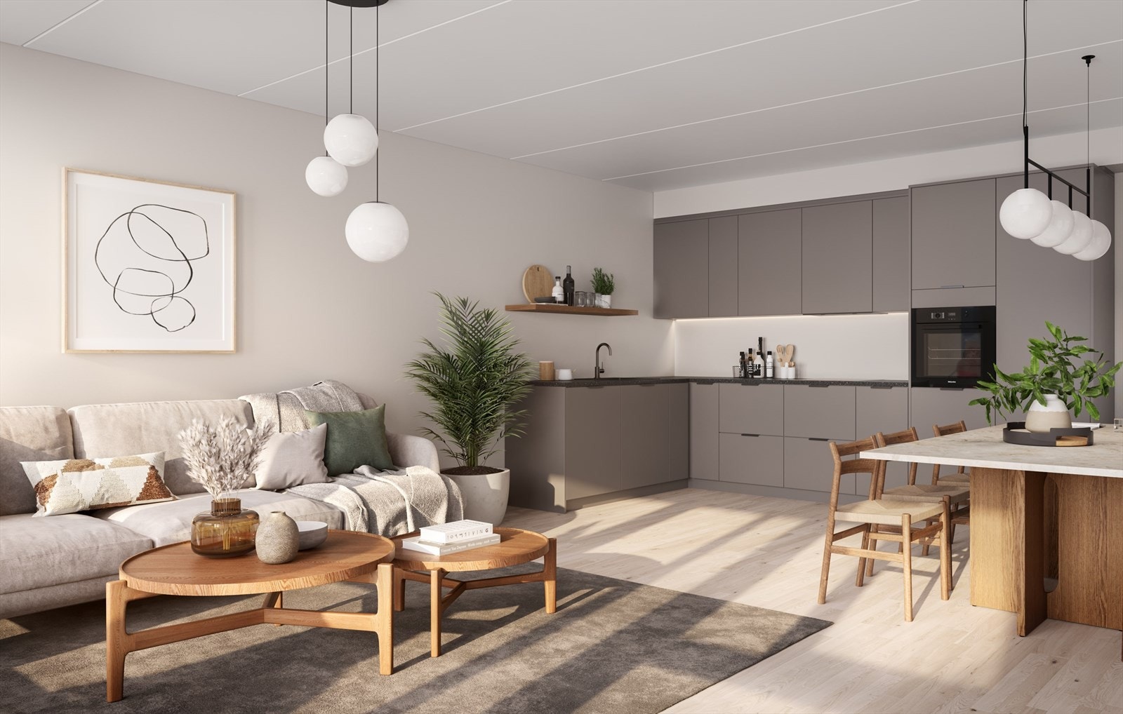 Det lekre kjøkkenet fra HTH leveres komplett med integrerte hvitevarer som oppvaskmaskin, stekeovn, induksjonstopp og kombiskap kjøl/frys.
NB: bildet er kun en illustrasjon og viser en noe annen leilighetstype. Galleribilde