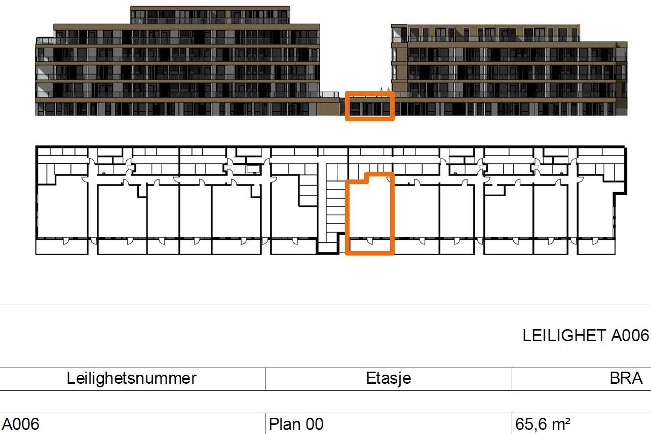 Leilighetens beliggenhet i bygget sett fra vest. Galleribilde
