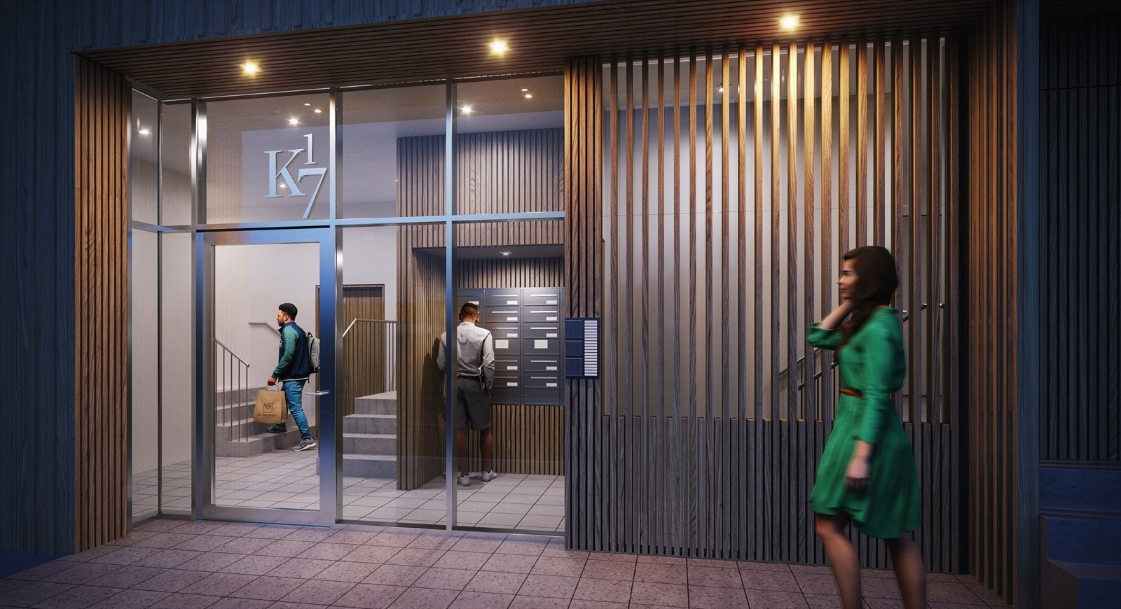 De fire hovedinngangene har tilkomst fra Storgata og får en innbydende og moderne utforming. Det monteres ringetablå med kamera opp til leiligheten. Galleribilde