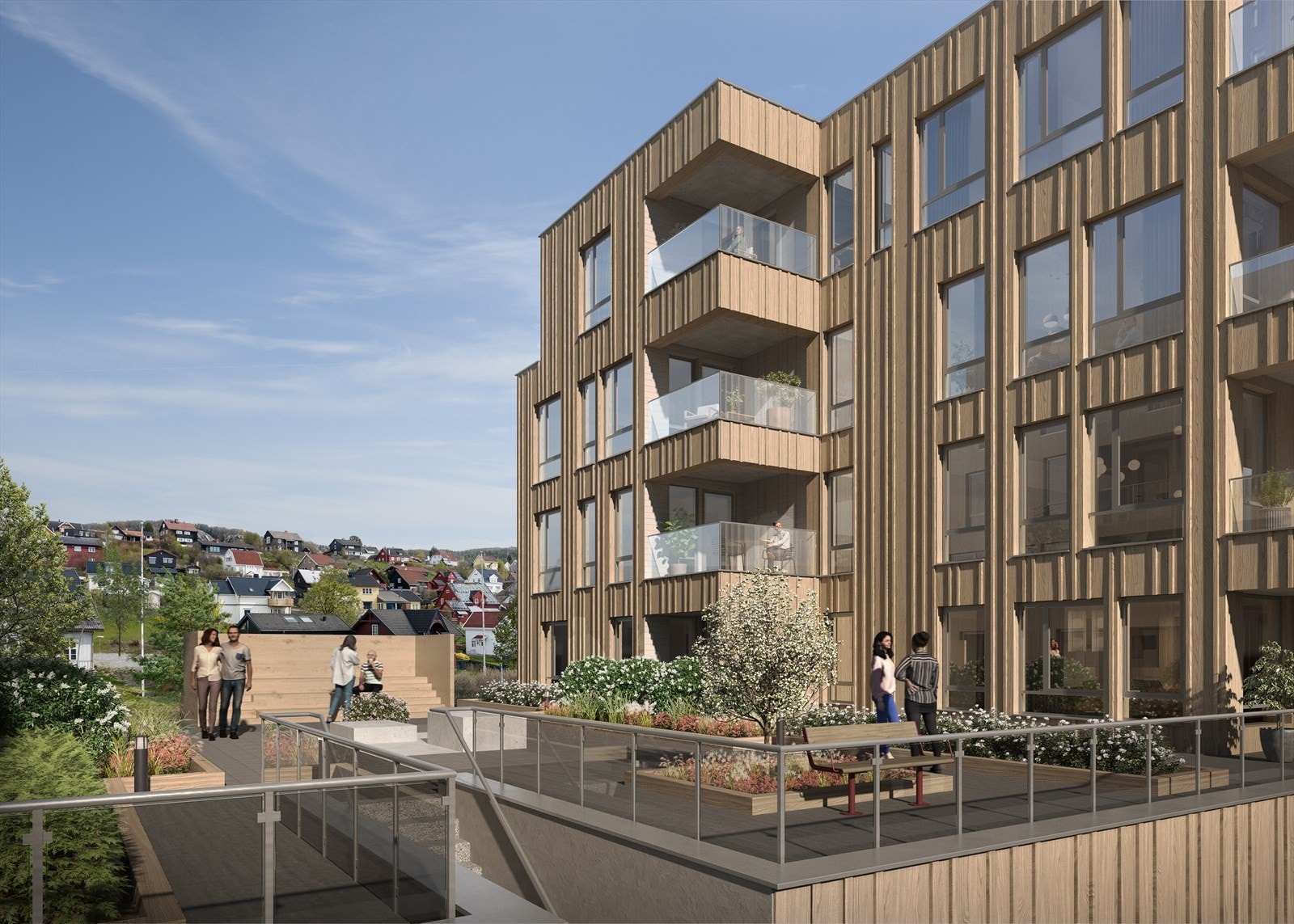 Mellom bygg A og B etableres det et bytorg som kan benyttes av beboere i Kvartal 17. Bytorget utformes med sitteplasser, beplantning og enkel adkomst. Galleribilde