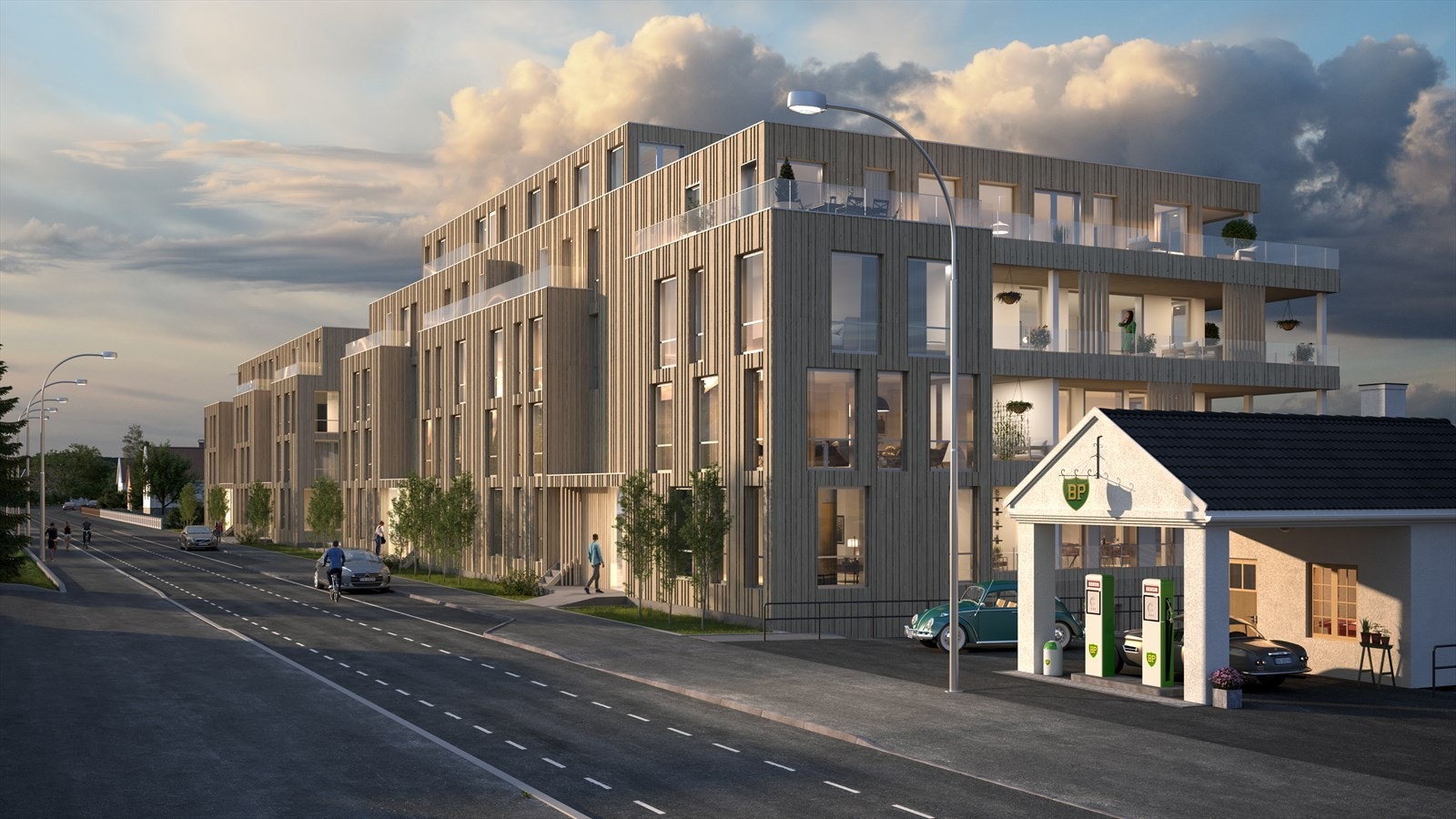 Kvartal 17 har fire hovedinnganger fra Storgata. Det er også tilkomst til leilighetene fra Fagstadvegen mot vest.
Illustrasjon som viser fasade sett fra Storgata. Galleribilde