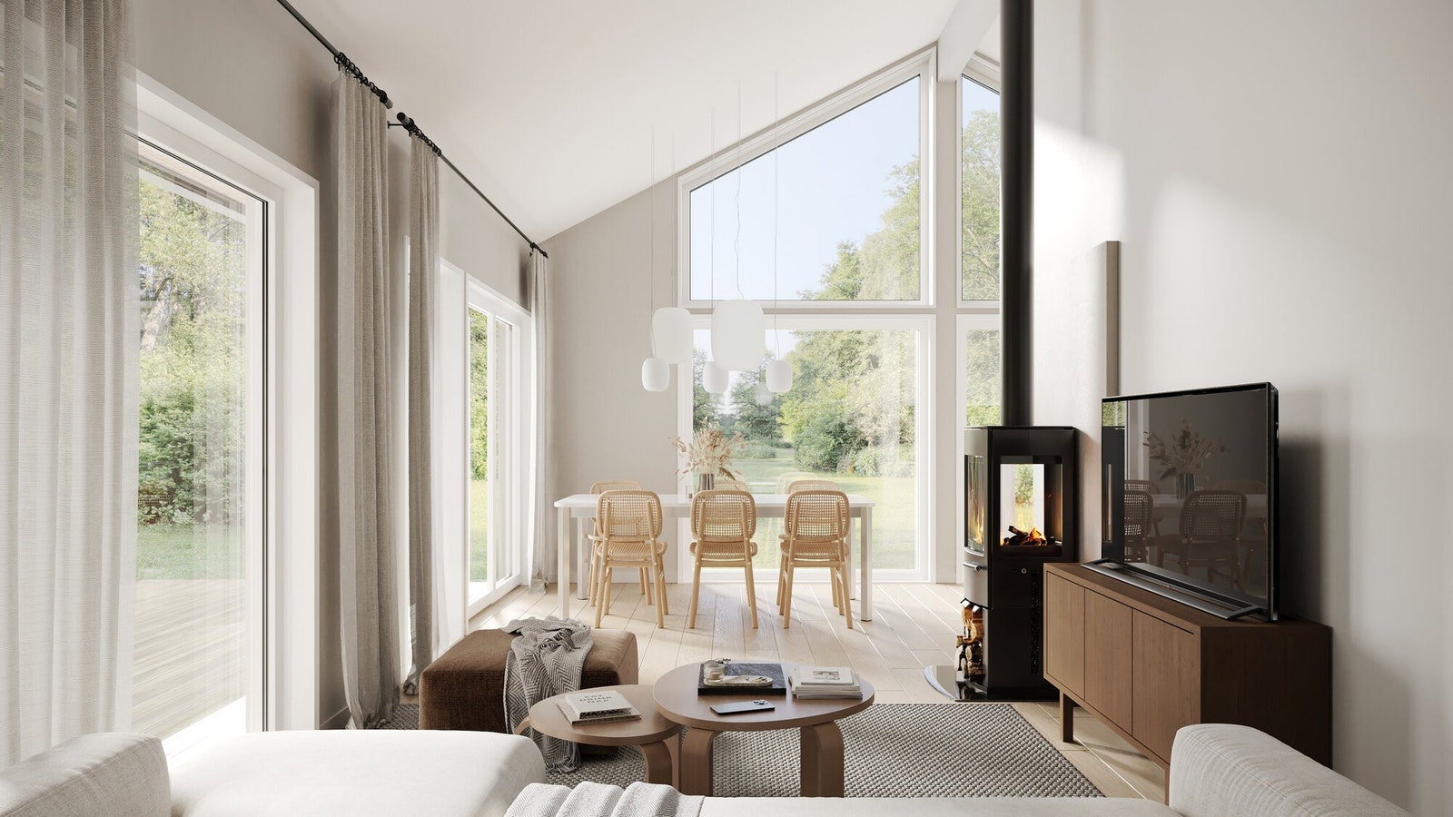 Mønet himling i stue/kjøkken gir flott lys innslipp. Galleribilde