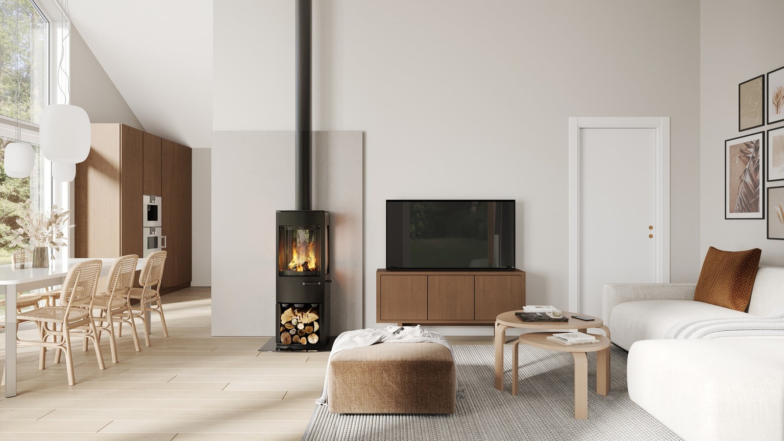 Herlig romfølelse i stuen og peisen gir god varme på kalde dager. Galleribilde