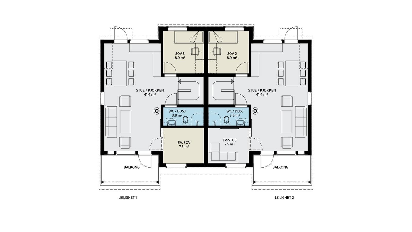 I boligens hovedetasje finner man en stor og åpen stue/kjøkken-løsning, bad og 2 soverom. Du har også fleksibel planløsning hvor man f.eks kan bruke ett av soverommene som tv-stue. Galleribilde