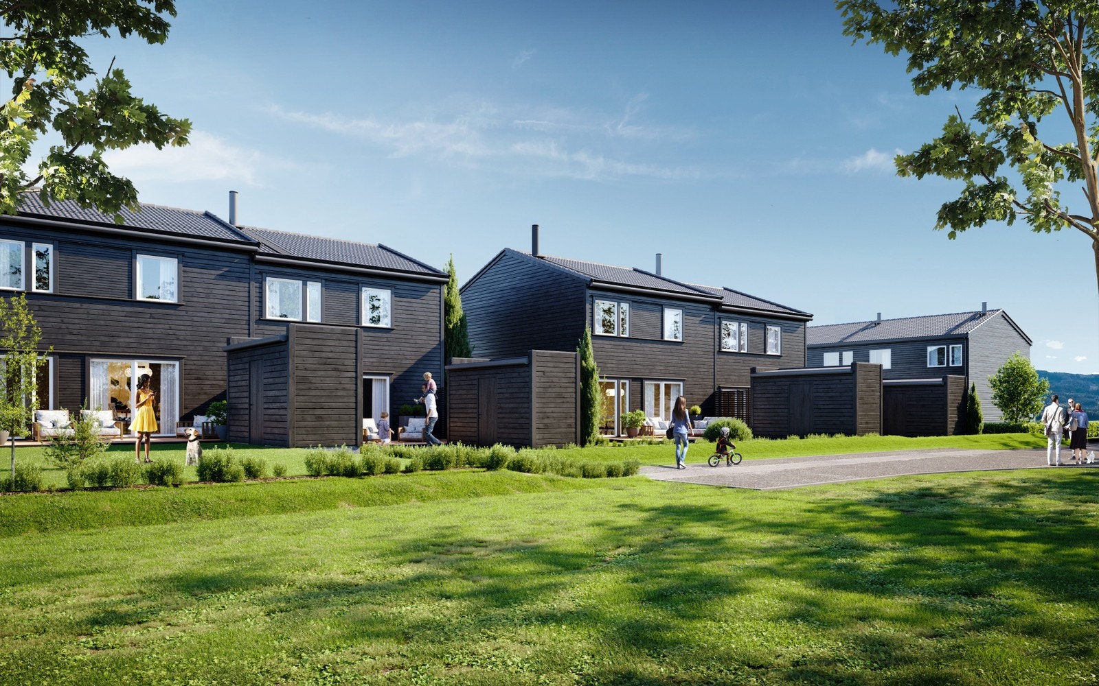 Frøbergvegen 37 A (4) og 37 B (3) i midten og 35 B (5) og 35A (6) til venstre. Illustrasjonsbilde. Galleribilde