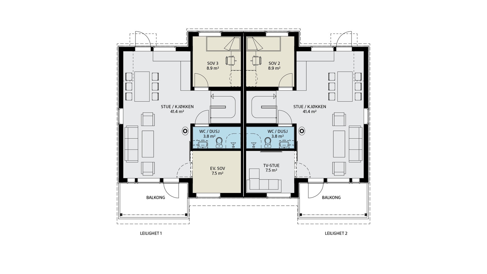 Stor kjøkken/stue-løsning med store vinduer og mye lys. Her har du direkte tilgang til en balkong med flott utsikt. Leilighet 1 er planlagt med tv-stue slik som vist på leilighet 2. Galleribilde
