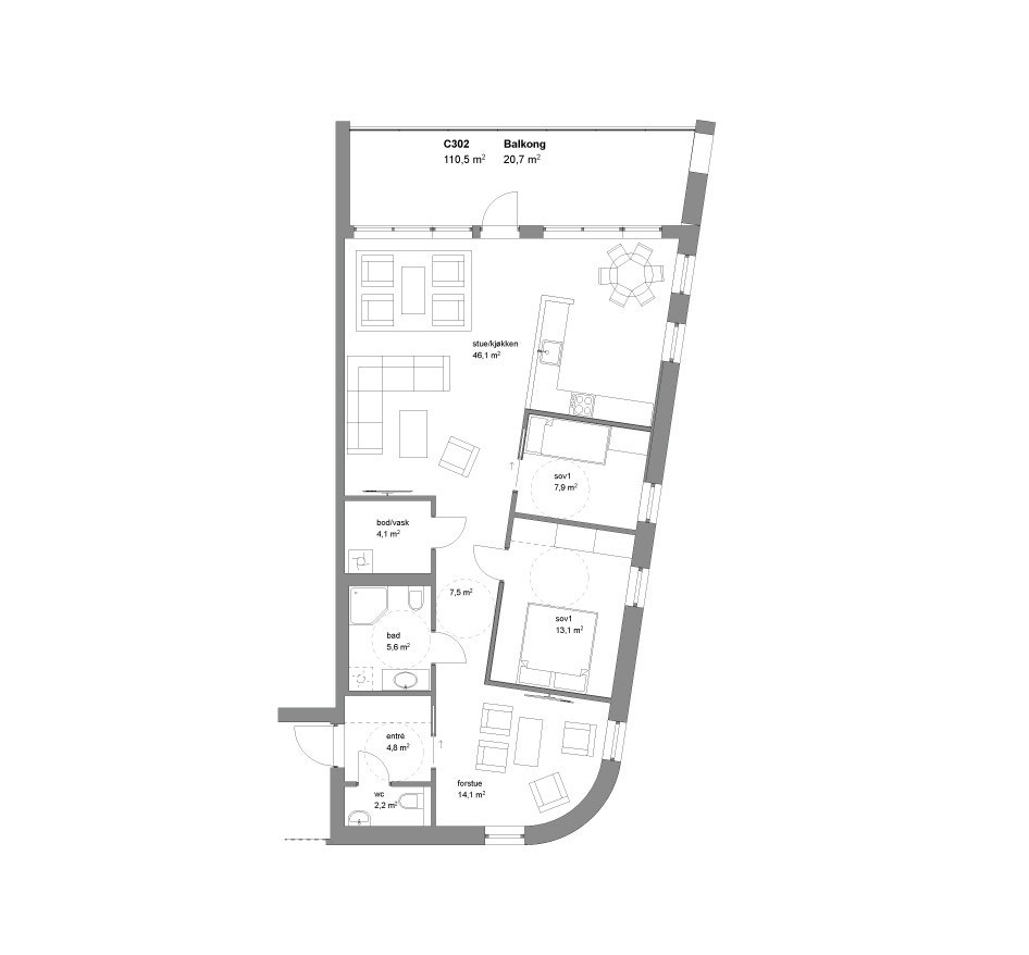 Plantegning C302 - Tegningen er fra før blokken ble bygd, så arealene er omtrentlige. Se arealmåling for korrekt arealangivelse. Galleribilde