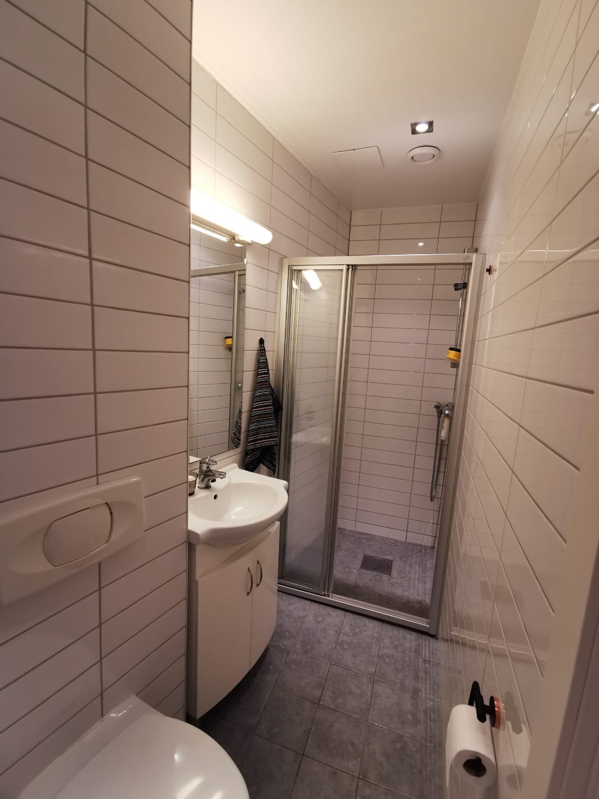 Vegghengt toalett og skyvedør i glass inn til dusjen. Galleribilde