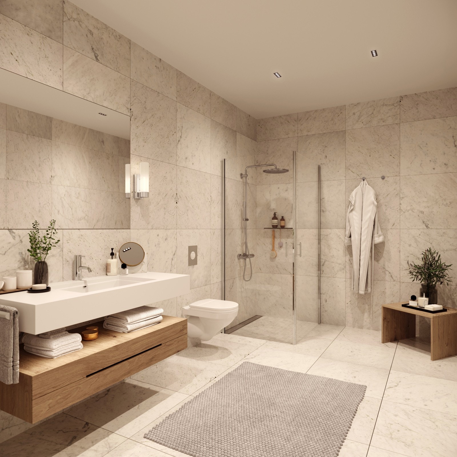 Baderomsinnredning fra Idea Group Bathrooms i serien Cubik. Flis levert av Skogr. Maku er en keramisk fliskolleksjon i stein effekt. Illustrasjon leilighet A201 Galleribilde